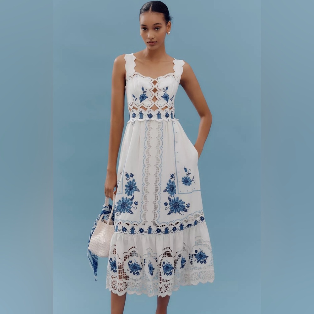 Farm Rio Richelieu Sunflower Euroflax Midi Dress XXS